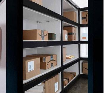 a room filled with boxes on a shelf